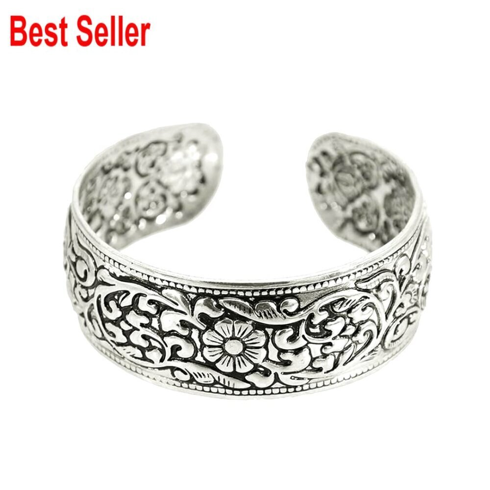 Vintage Carved Flower Cuff Bracelet Adjustable Metal Alloy Statement Jewelry